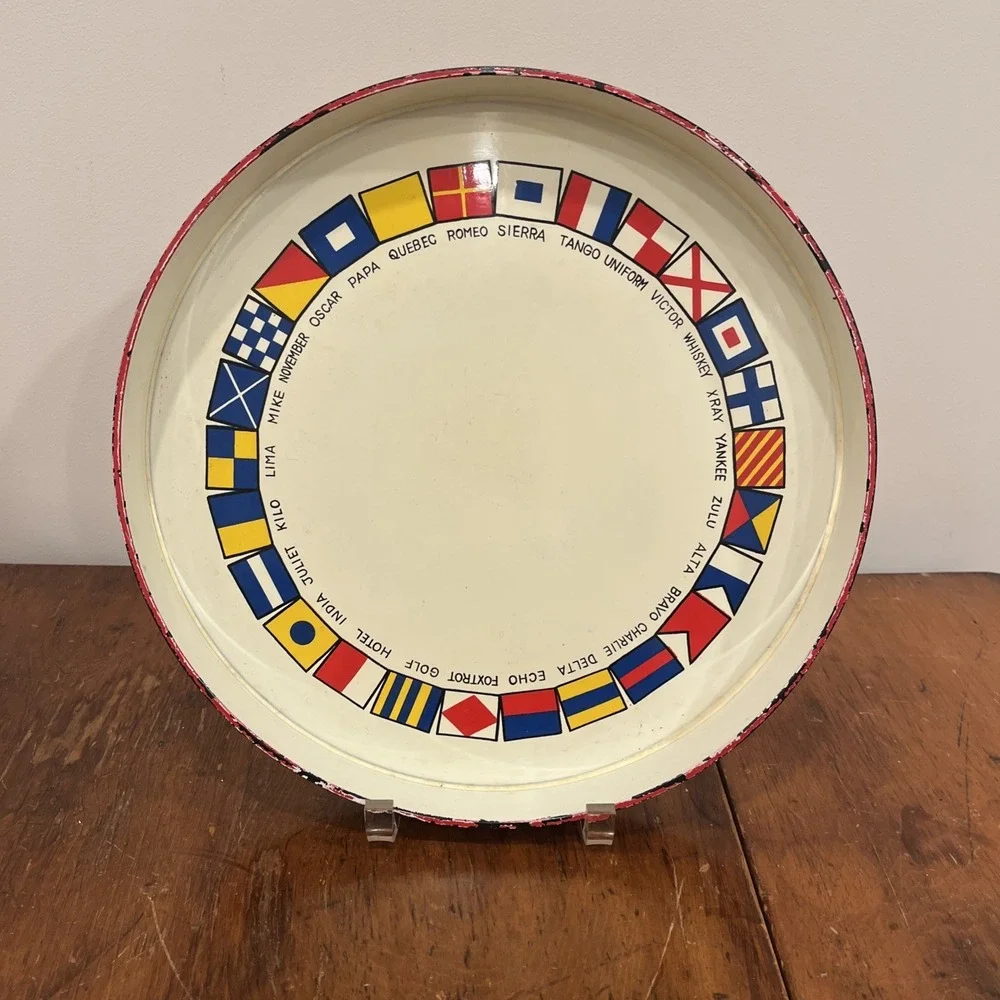 Vintage Boat Cocktail Serving Tray Rim Nautical Flag Coastal Beach Decor, Rare